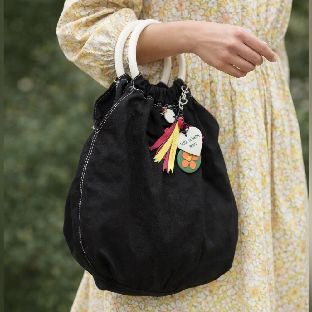 Tara Jarmon x Target 70s Hobo Boho Bag Big Lucite Handles Canvas Tote hearts